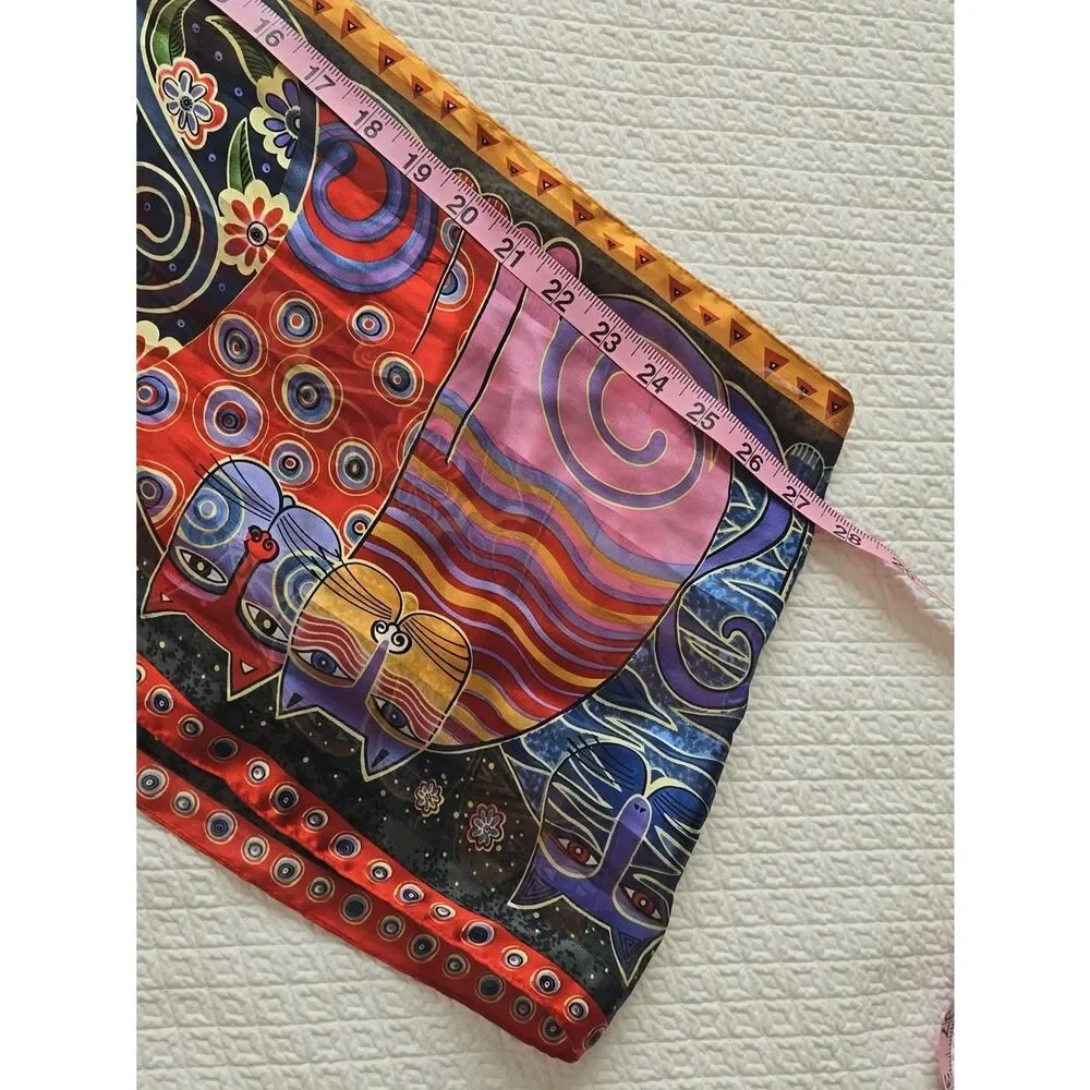Laurel Burch Colorful Abstract Cat Print Silk Scarf